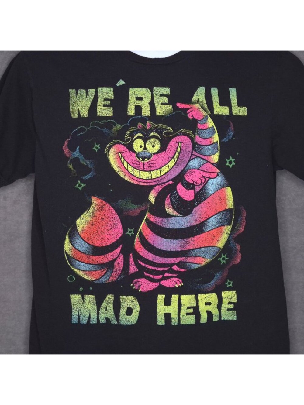 Disney Cheshire Cat "Were All Mad Here" Black T-Shirt Medium Crew Short Sleeve